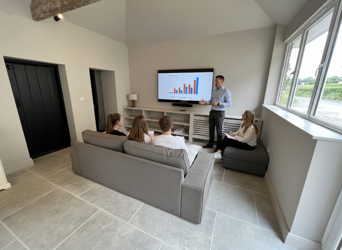 A presentation running on the big screen in the barn room