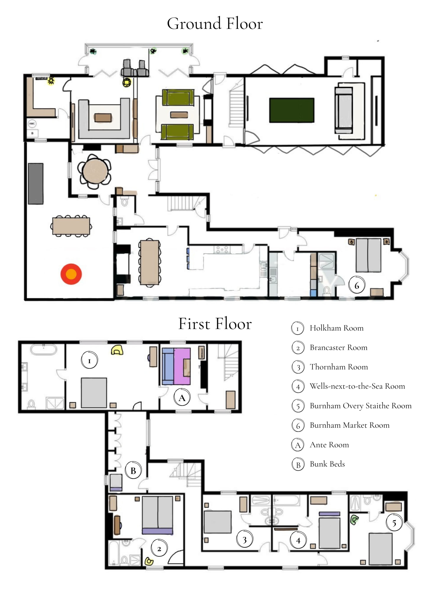 South Creek Retreat floorplan. The ground floor has the sun conservatory, lounge, library, games room, kitchen, dining room, cloakroom, utility and laundry, the garden and terrace, and the Burnham Market Room. The first floor has the Holkham, Brancaster, Thornham, Wells-next-the-Sea and Burnham Overy Staithe rooms, with the ante room and bunk beds off the landing.